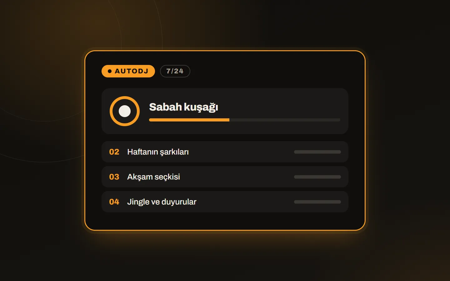 AutoDJ çalma listesi: sıradaki parçalar, çalan parça ve 7/24 yayın rozeti