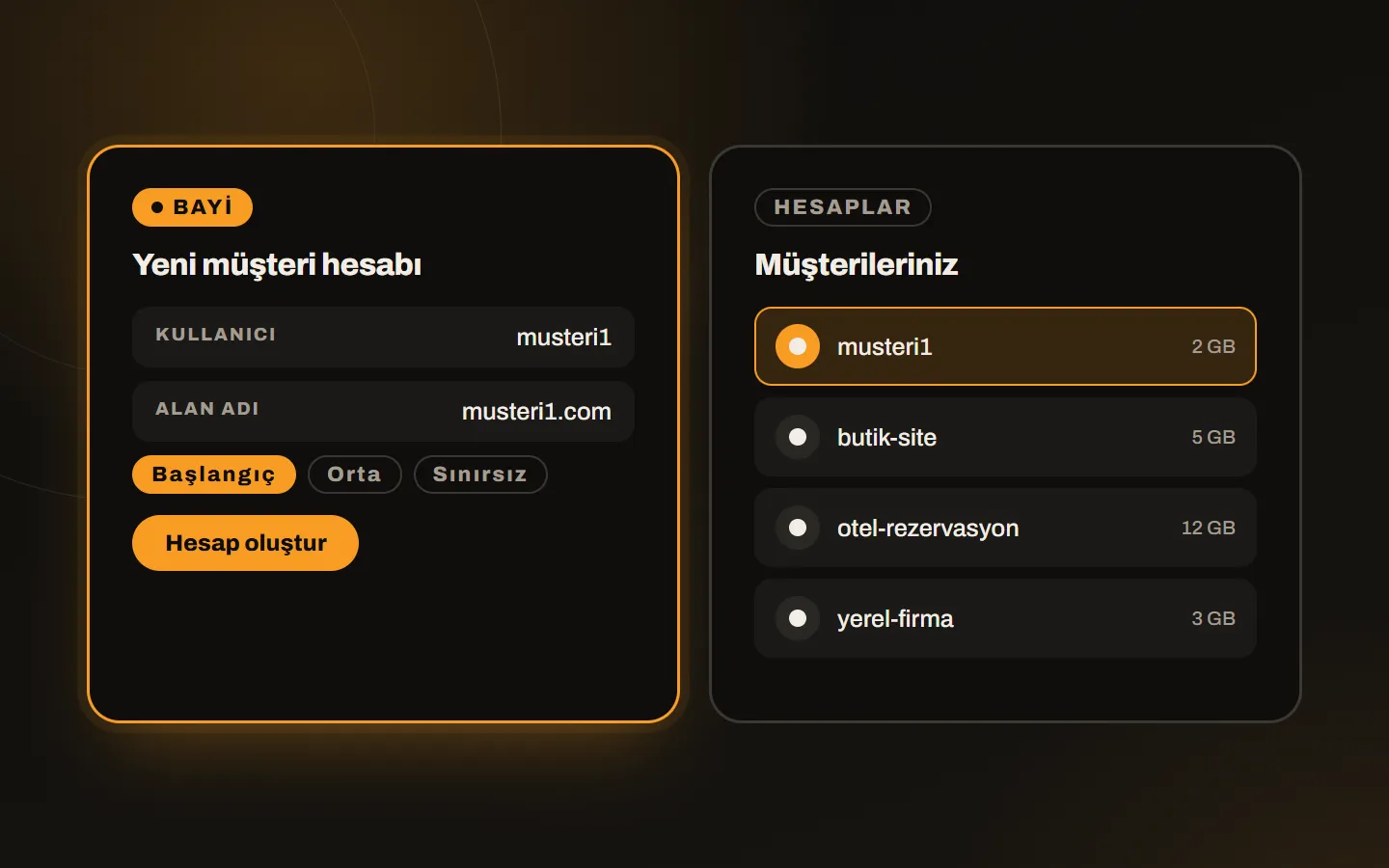 DirectAdmin bayi paneli: yeni müşteri hesabı formu ve müşteri hesapları listesi