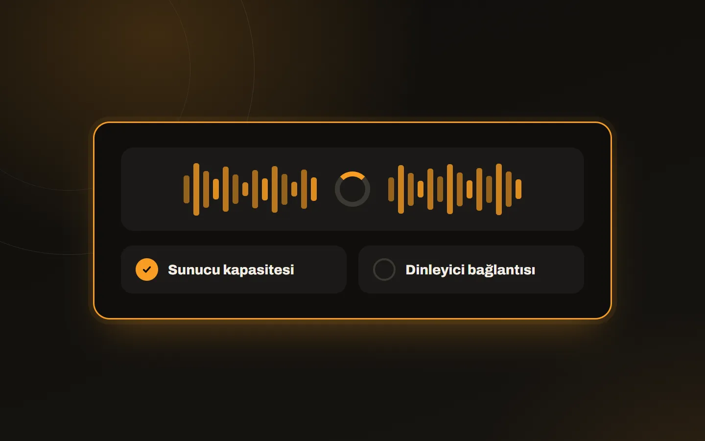 Buffering in a radio stream: a broken sound wave and a spinning loader, next to a server and listener connection check
