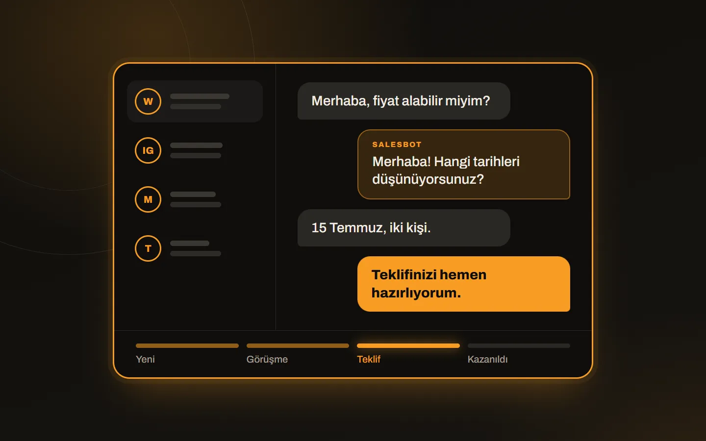 Kommo gelen kutusunda WhatsApp, Instagram ve Messenger konuşmaları, bot karşılaması ve satış aşamaları tek ekranda