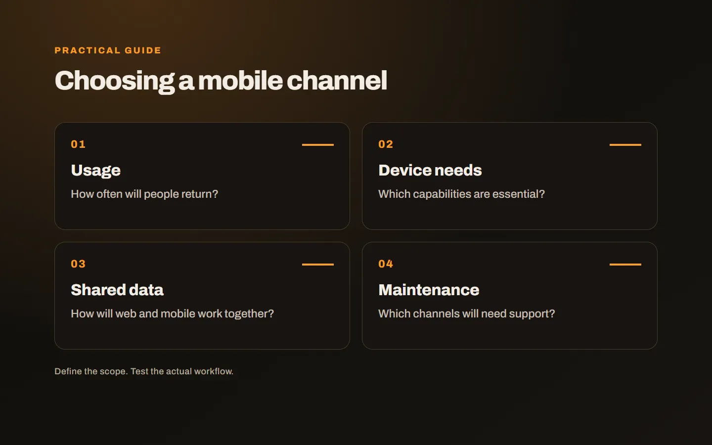 Four questions for choosing a mobile channel: usage, device needs, shared data and maintenance