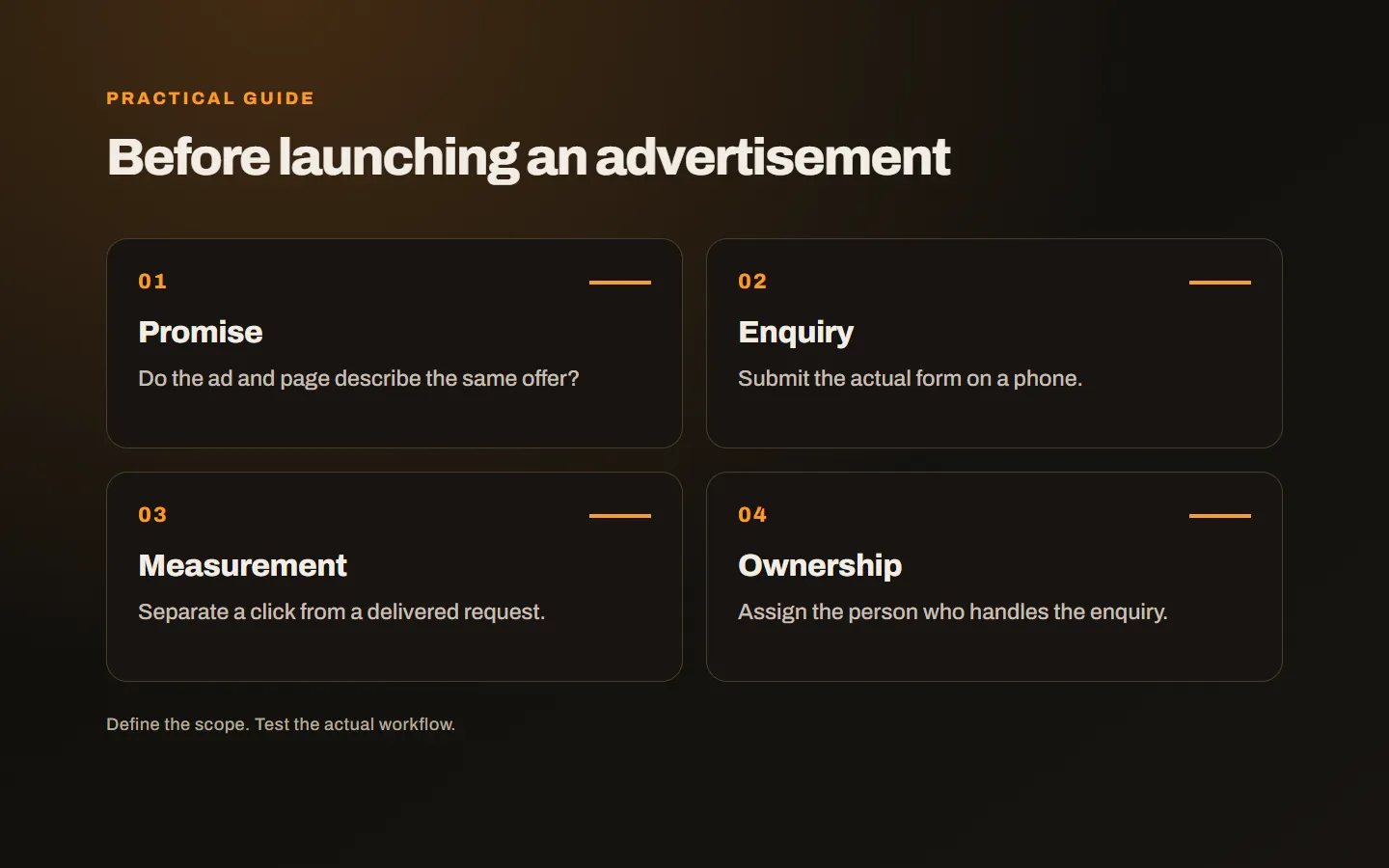 A landing page review covering the promise, service clarity, enquiry journey and measurement