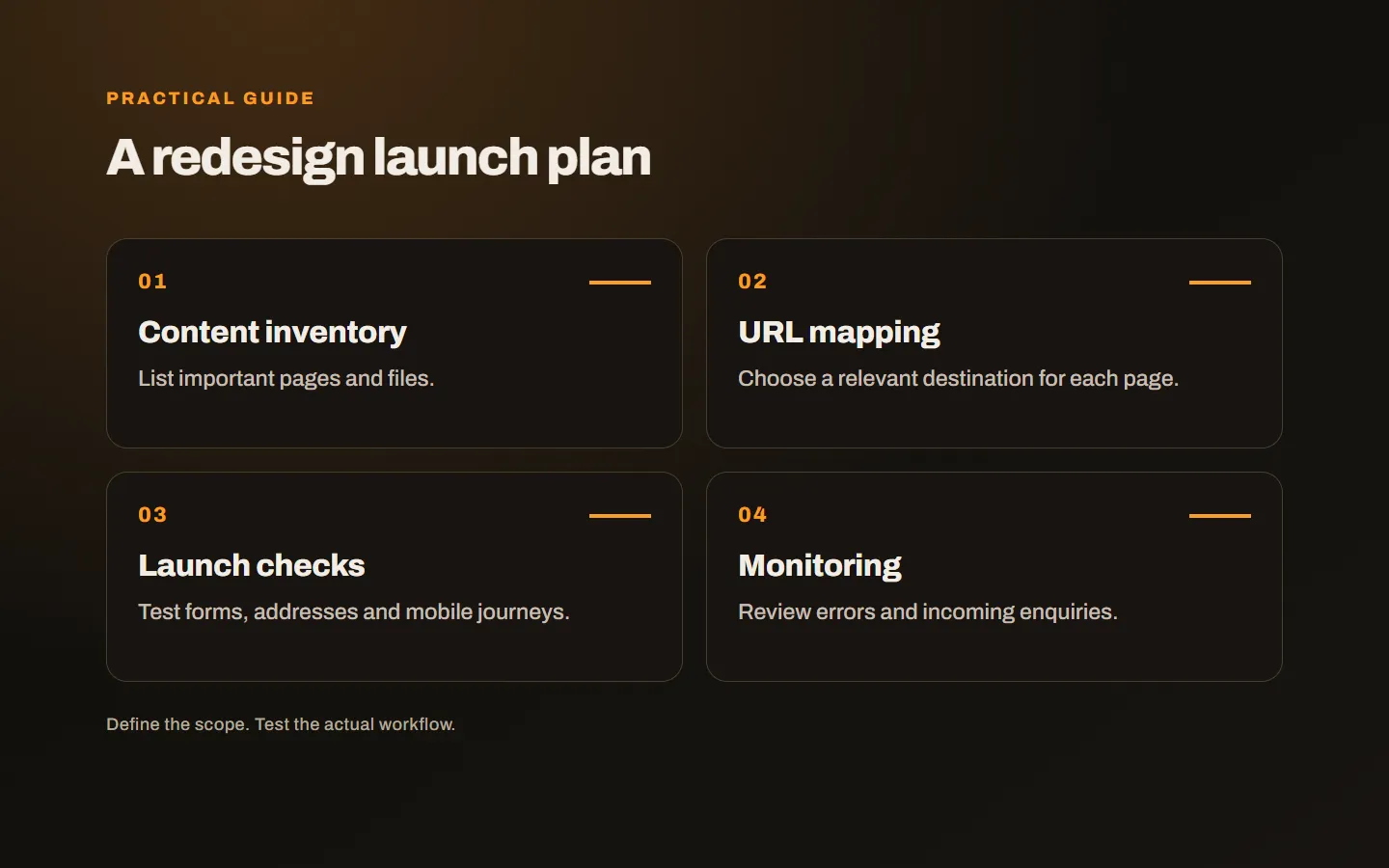 A launch plan linking existing pages to content review, URL mapping and final checks