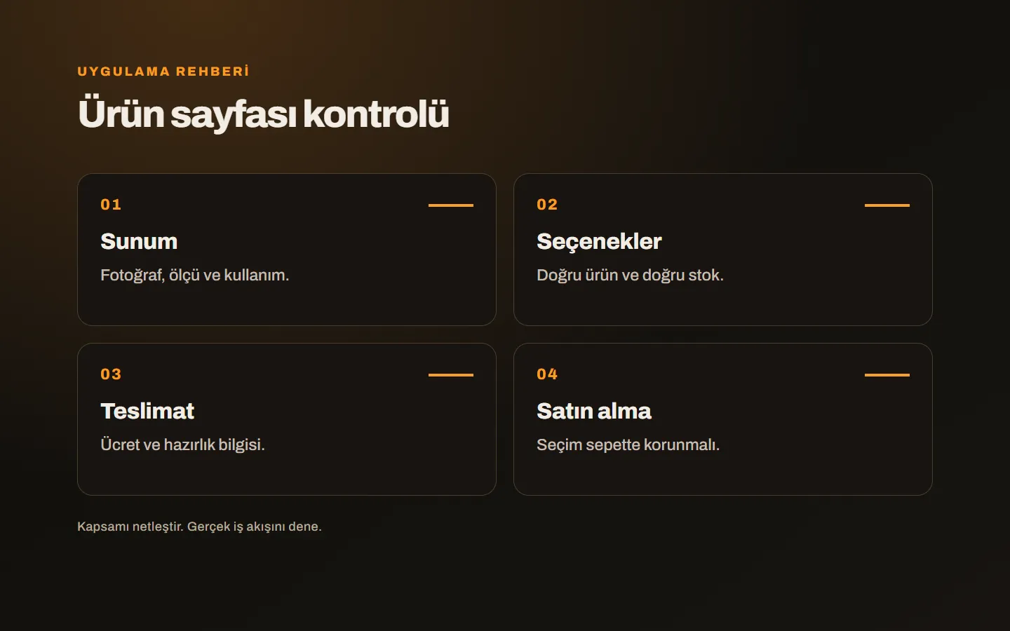 Ürün fotoğrafı, seçenekler, teslimat bilgisi ve satın alma adımını bir arada gösteren sayfa kontrolü