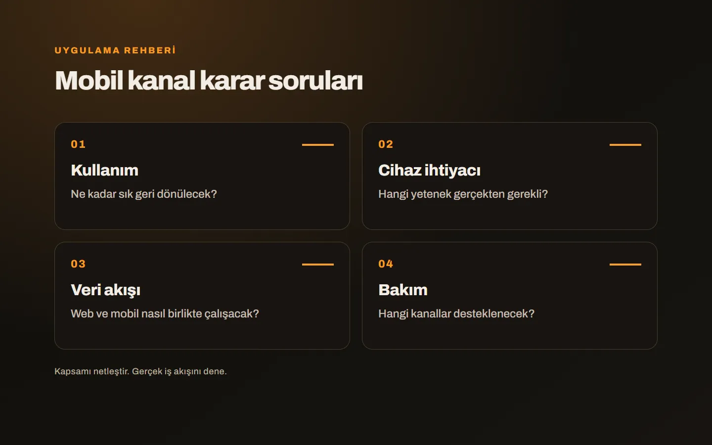 Mobil site, PWA ve uygulamayı kullanım amacı ve bakım ihtiyaçları üzerinden karşılaştıran karar tablosu