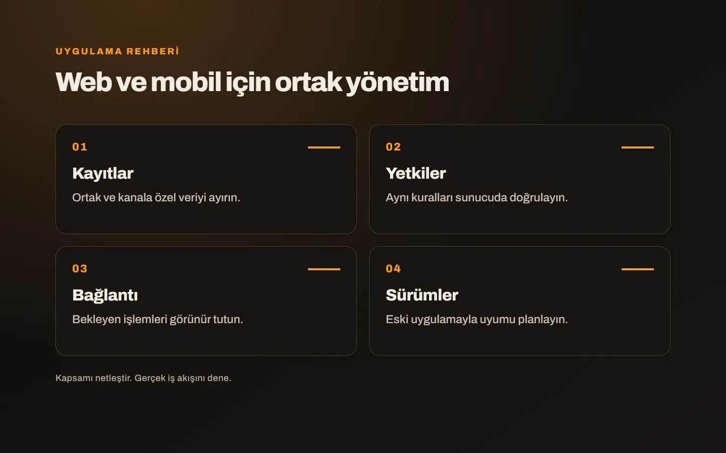 Ortak kayıt, kullanıcı yetkisi, kanal deneyimi ve senkronizasyon kontrollerinden oluşan web ve mobil yönetim planı