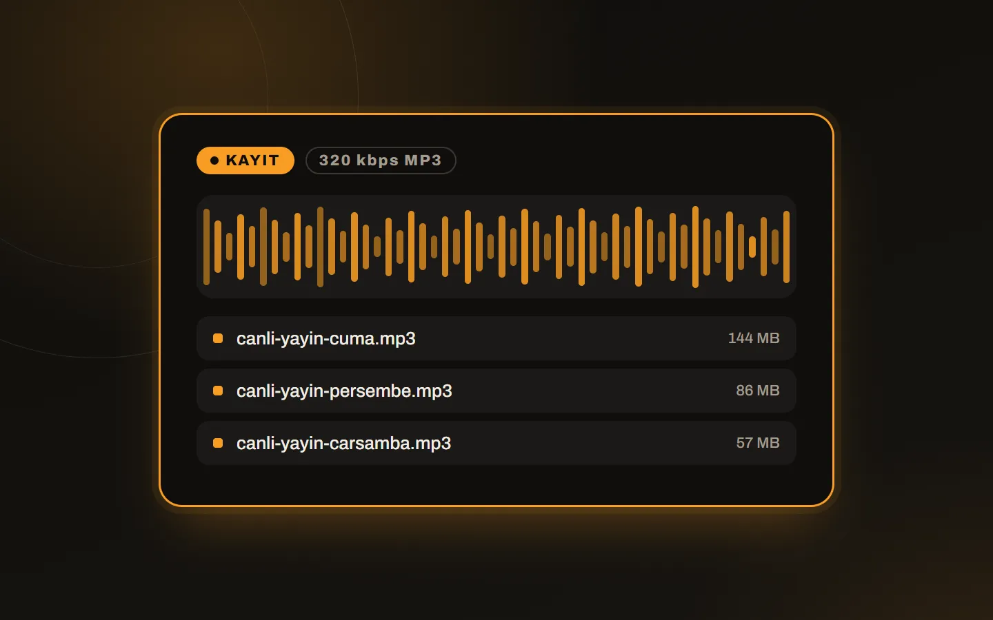 Canlı DJ yayını kaydı: kayıt göstergesi, ses dalgası ve kayıt dosyaları listesi