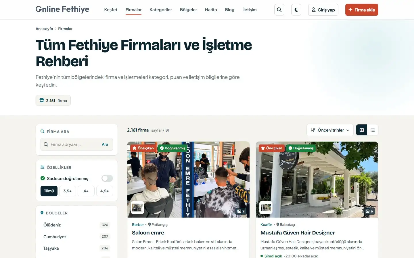 Firma listesi: arama, puan filtresi ve bölge sayılarıyla