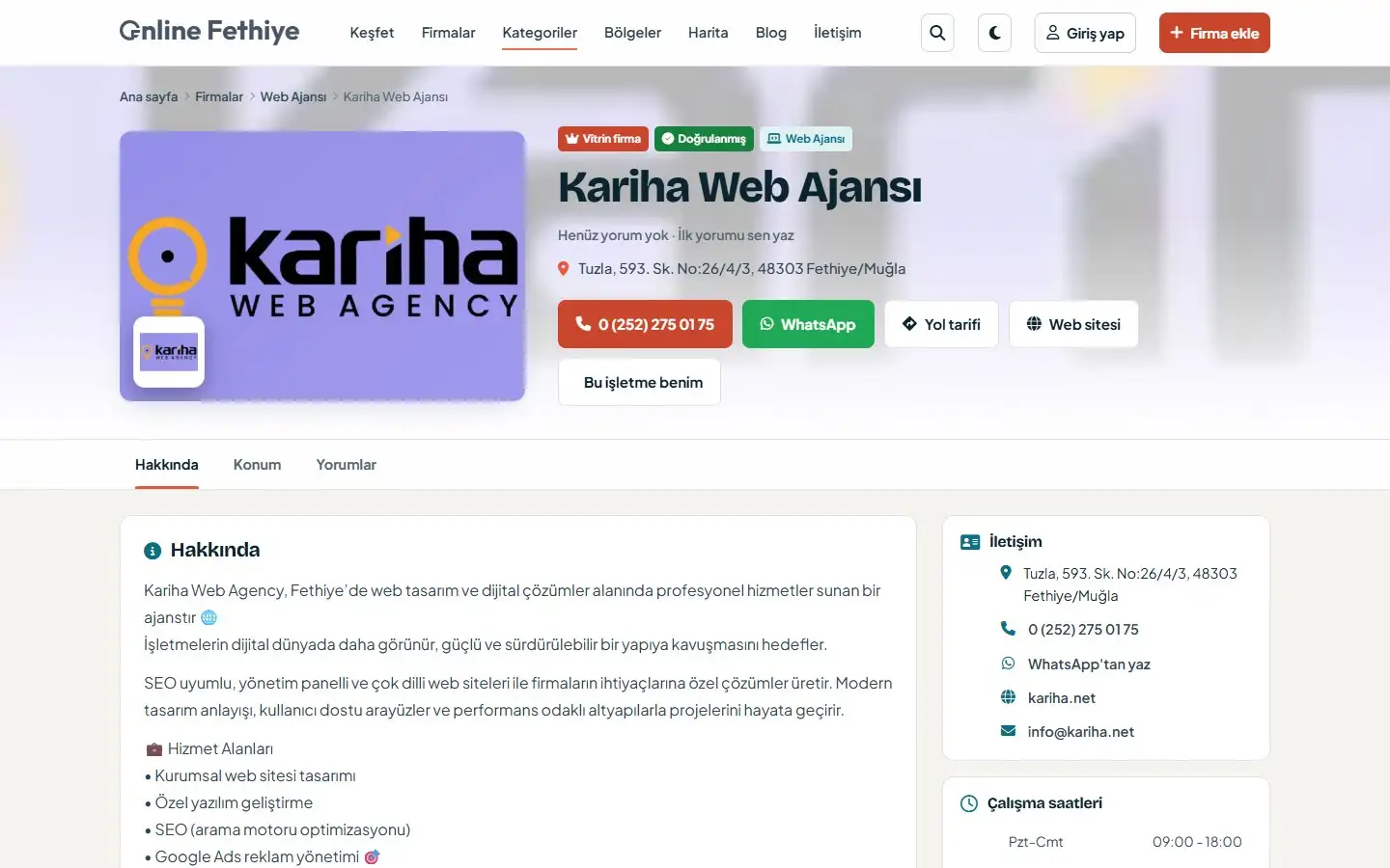 Firma sayfası: iletişim düğmeleri, hakkında ve çalışma saatleri