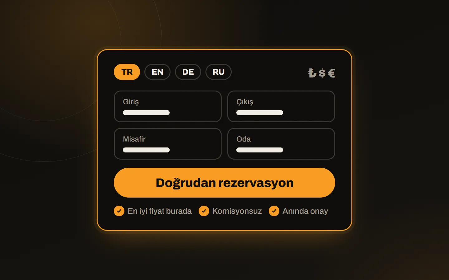 Otel sitesinde dil seçimi, tarih alanları ve doğrudan rezervasyon düğmesi