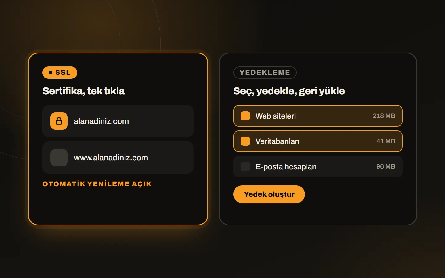 DirectAdmin’de SSL sertifikası ekranı ve yedekleme listesi: web siteleri, veritabanları, e-posta hesapları