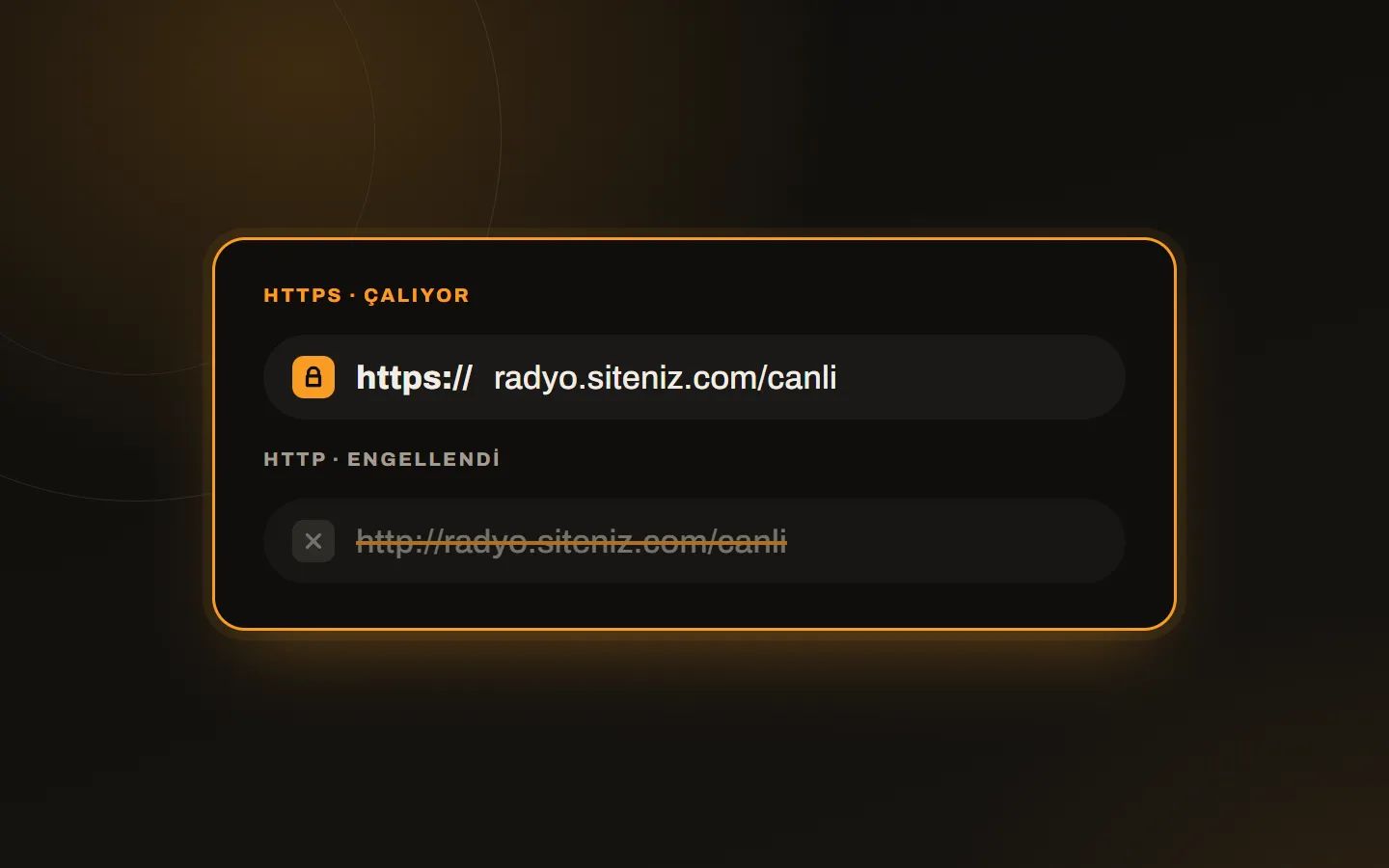 A lock icon in the browser address bar and an HTTPS stream address, next to a blocked insecure stream